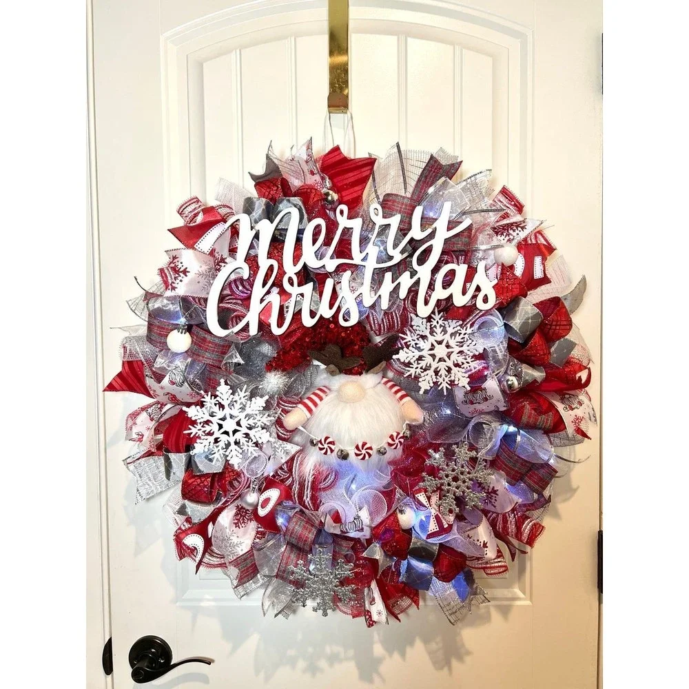 Handmade Christmas Reindeer Gnome Holiday Ribbon Door Wreath 26 ins LED XLW4